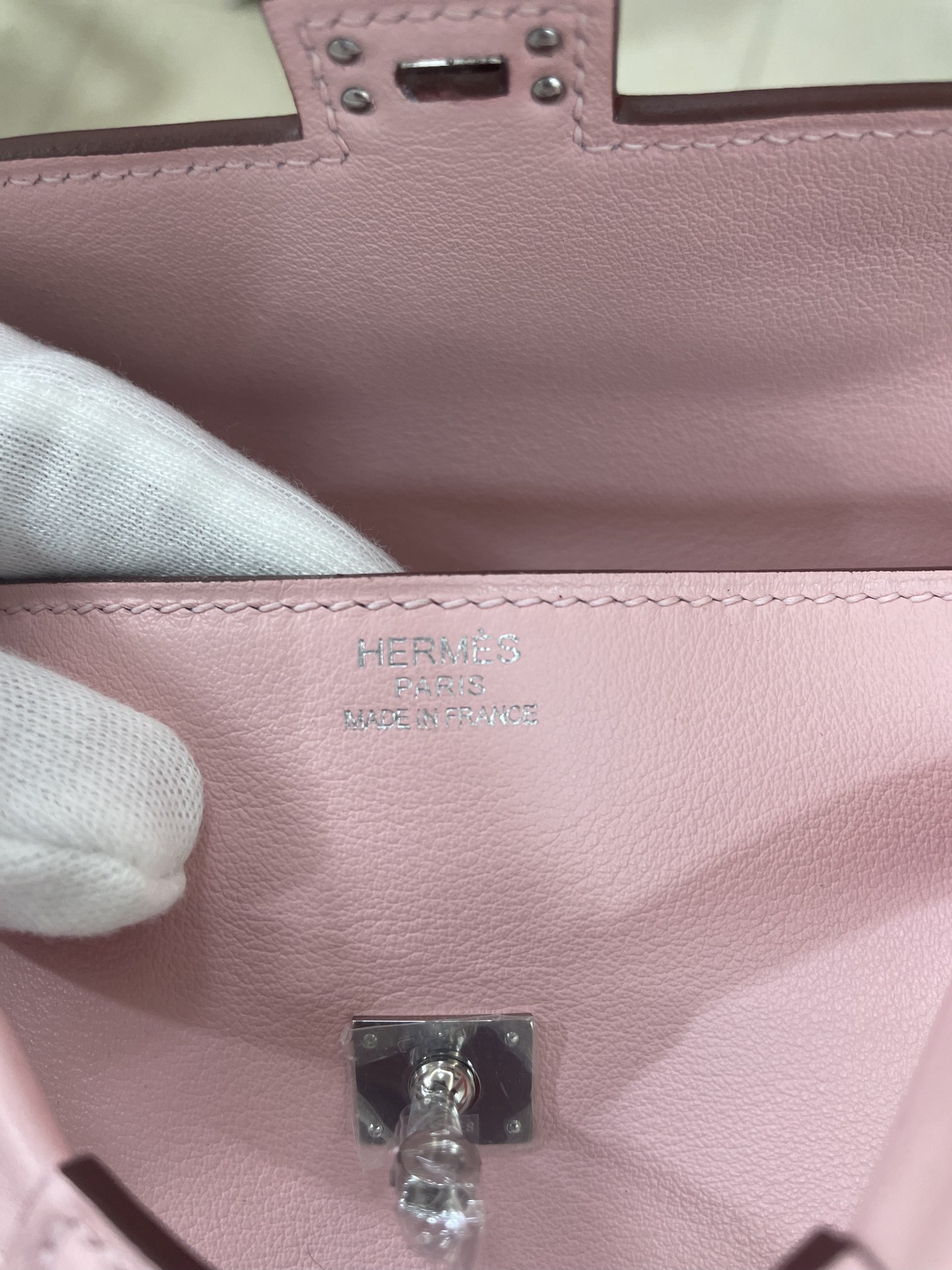 Hermès（爱马仕）Kelly doll 娃娃包 Swift 樱花粉 拼 咖啡色 银扣 16cm