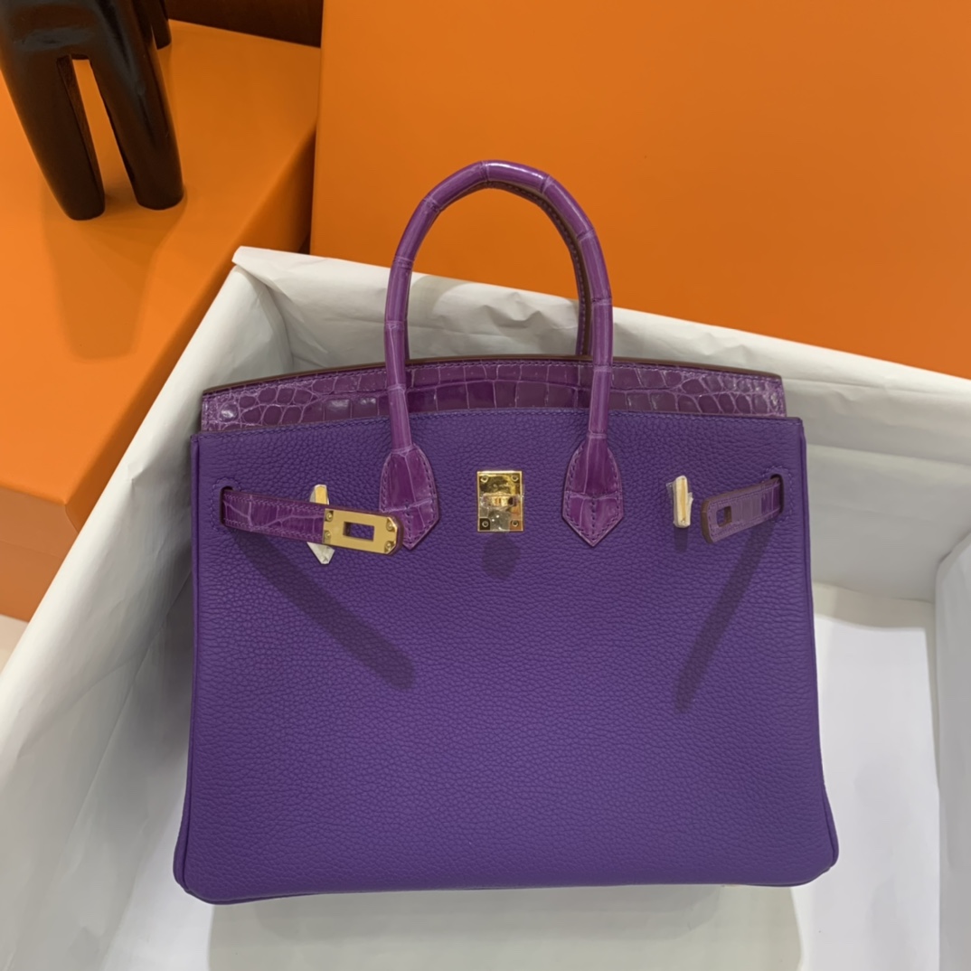 Hermès（爱马仕）Birkin Touch 铂金包 Togo 拼 鳄鱼皮 9W 梦幻紫 金扣 25cm