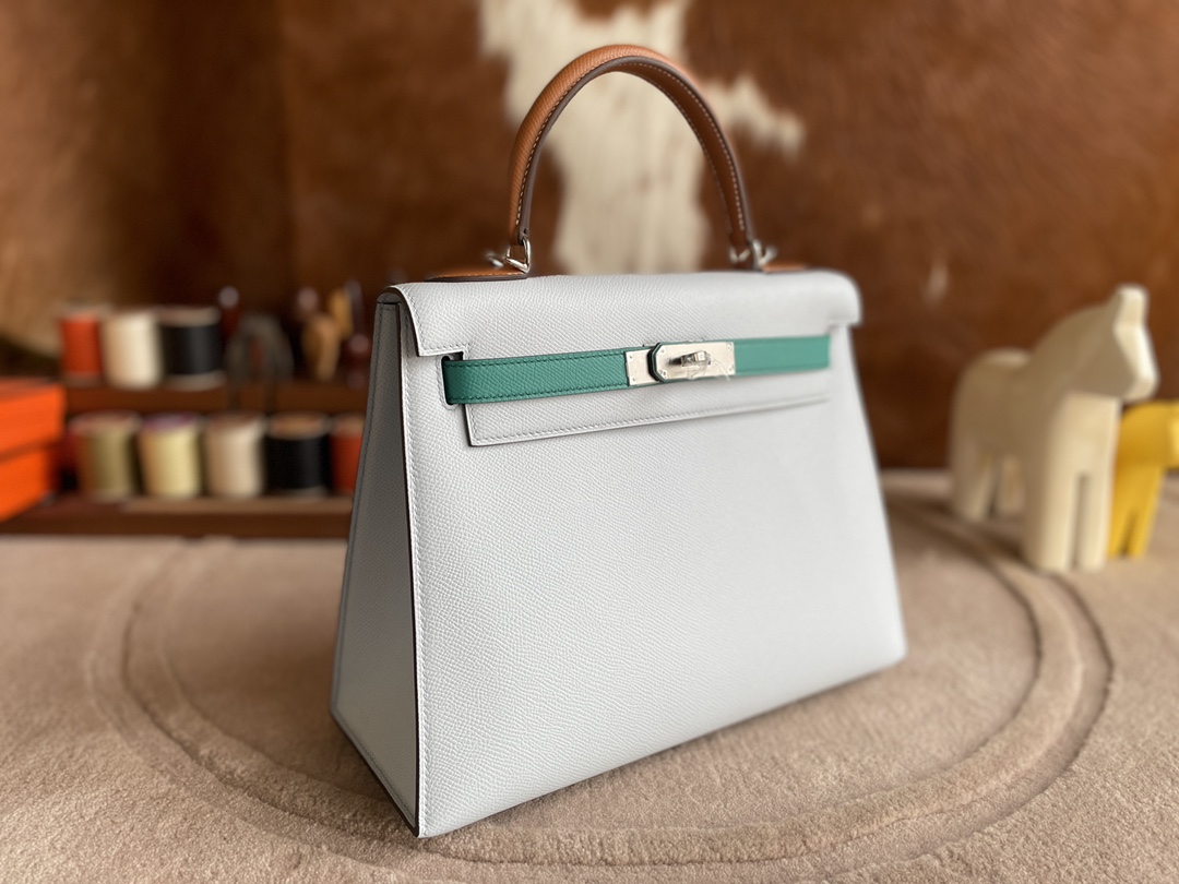 Hermès（爱马仕）Kelly 凯莉包 epsom w0 雾蓝 拼 o6 帝王绿 拼 金棕色 银扣 28cm