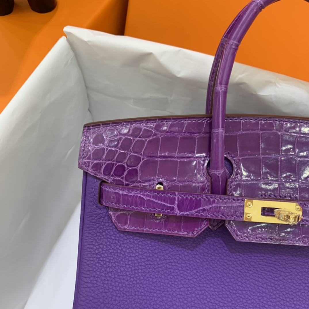 Hermès（爱马仕）Birkin Touch 铂金包 Togo 拼 鳄鱼皮 9W 梦幻紫 金扣 25cm
