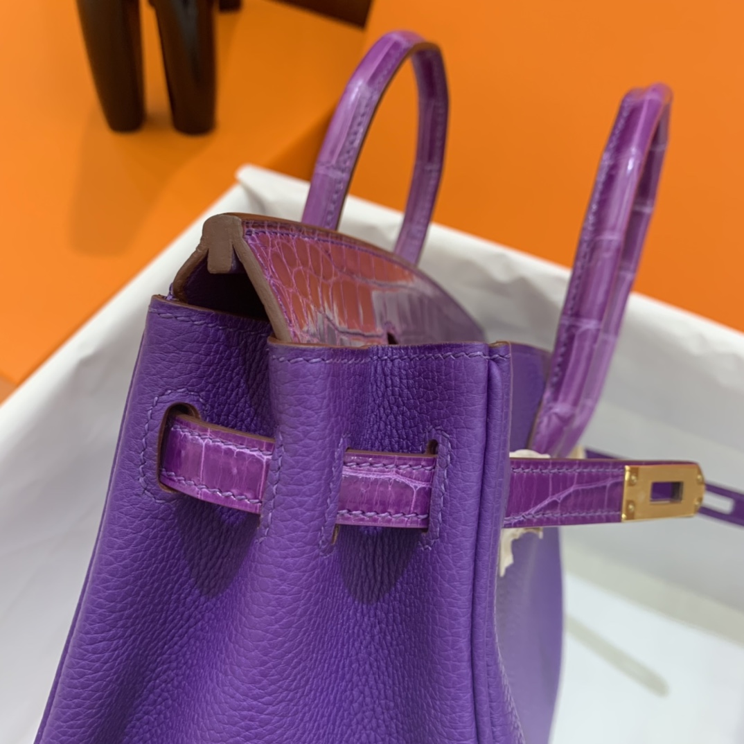 Hermès（爱马仕）Birkin Touch 铂金包 Togo 拼 鳄鱼皮 9W 梦幻紫 金扣 25cm