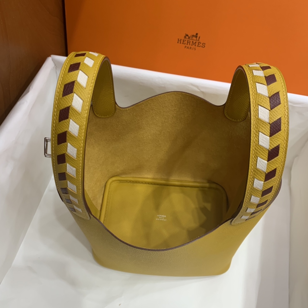 Hermès（爱马仕）Picotin 菜篮子 Epsom 9D 琥珀黄 编织手腕 银扣 18cm