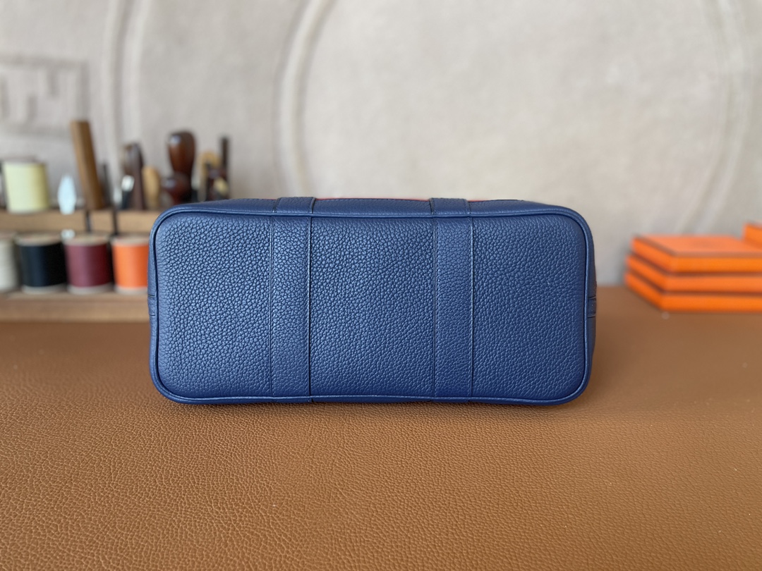 Hermès（爱马仕）Garden Party 花园包 TC 拼 帆布 法国蓝 拼 爱马仕红 银扣 30cm