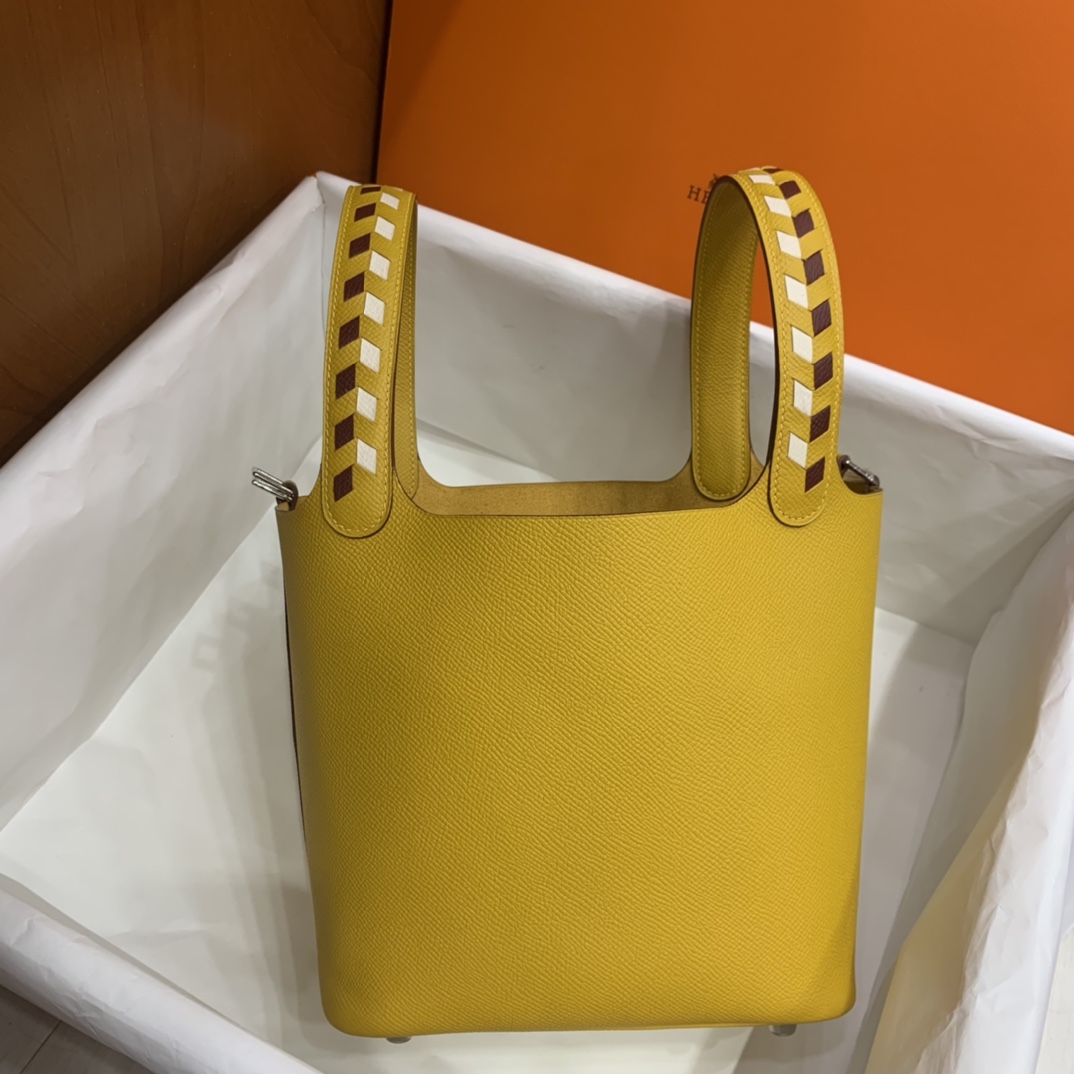 Hermès（爱马仕）Picotin 菜篮子 Epsom 9D 琥珀黄 编织手腕 银扣 18cm