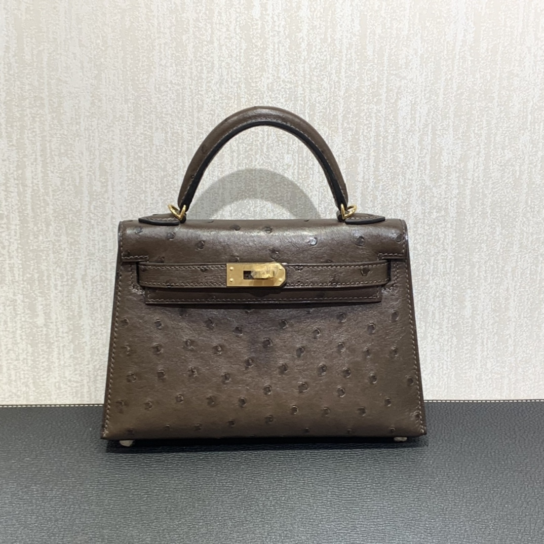 Hermès（爱马仕）mini Kelly 迷你凯莉 南非kk鸵鸟 乌木色 金扣 19cm
