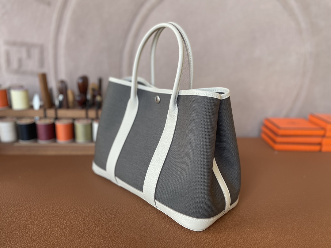 Hermès（爱马仕）Garden Party 花园包 TC 拼 帆布 奶昔白 拼 军绿色 银扣 30cm