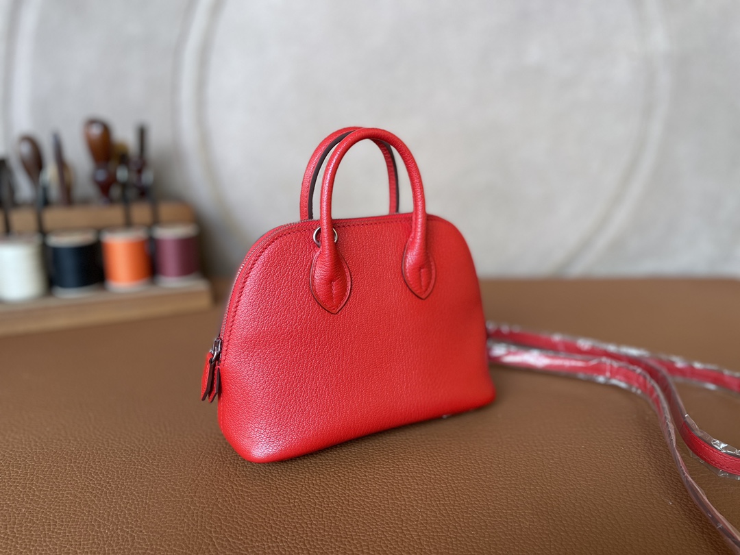Hermès（爱马仕）Mini Bolide Chevre 山羊皮 s5 番茄红 银扣 19cm