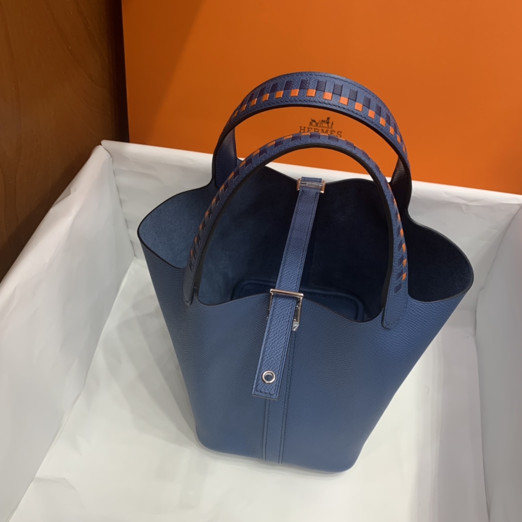 Hermès（爱马仕）Picotin 菜篮子 Epsom R2 玛瑙蓝 编织手腕 银扣 18cm