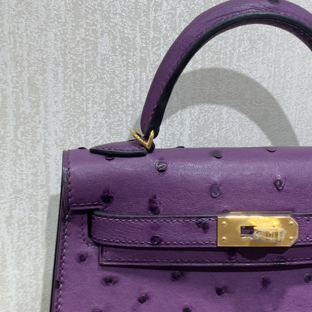 Hermès（爱马仕）mini Kelly 迷你凯莉 南非kk鸵鸟 海葵紫 金扣 19cm