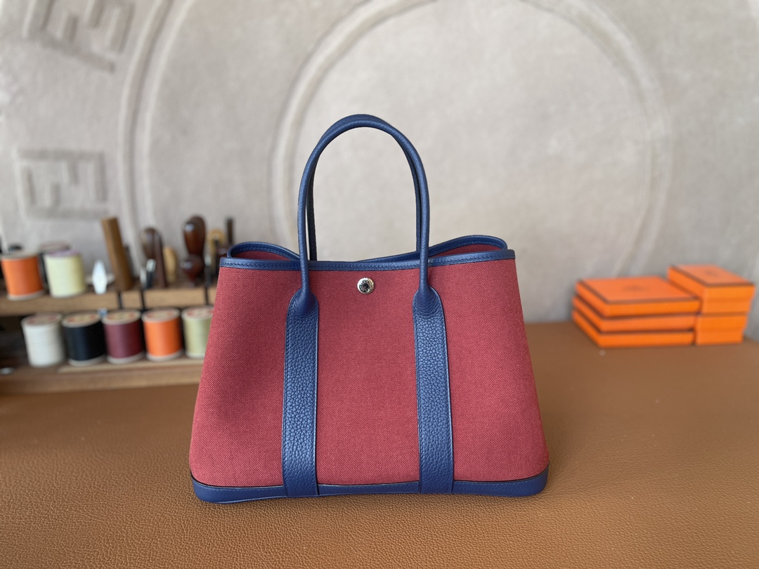 Hermès（爱马仕）Garden Party 花园包 TC 拼 帆布 法国蓝 拼 爱马仕红 银扣 30cm