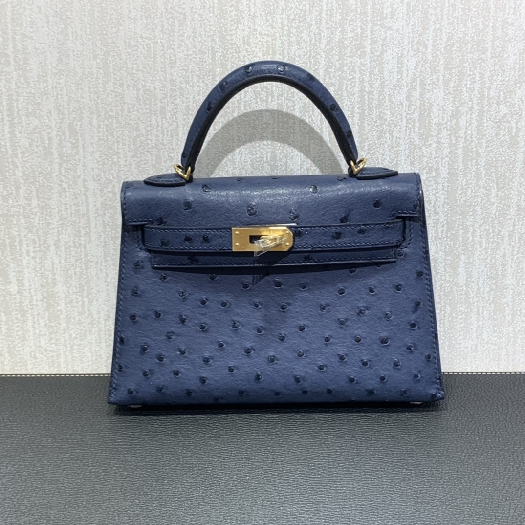 Hermès（爱马仕）mini Kelly 迷你凯莉 南非kk鸵鸟 马耳他蓝 金扣 19cm