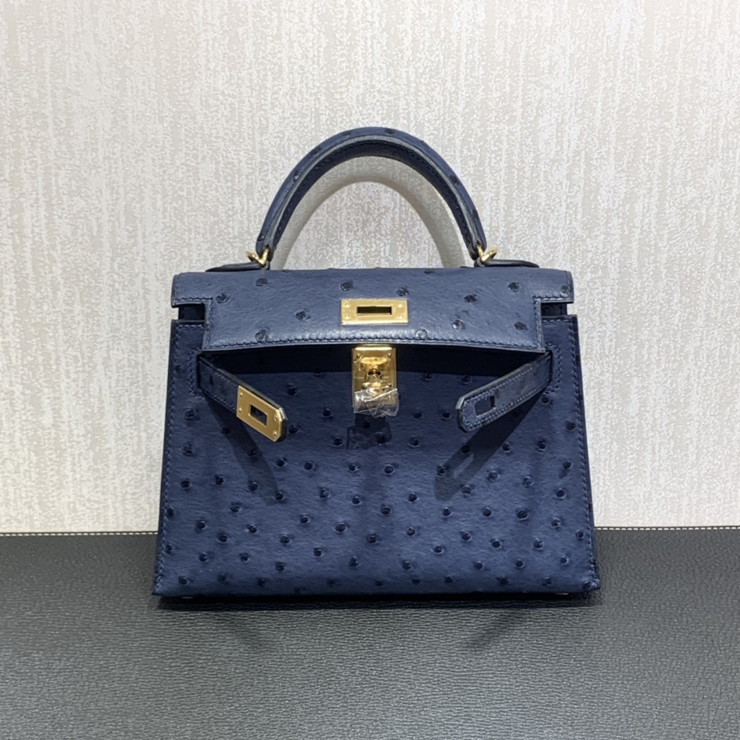 Hermès（爱马仕）mini Kelly 迷你凯莉 南非kk鸵鸟 马耳他蓝 金扣 19cm