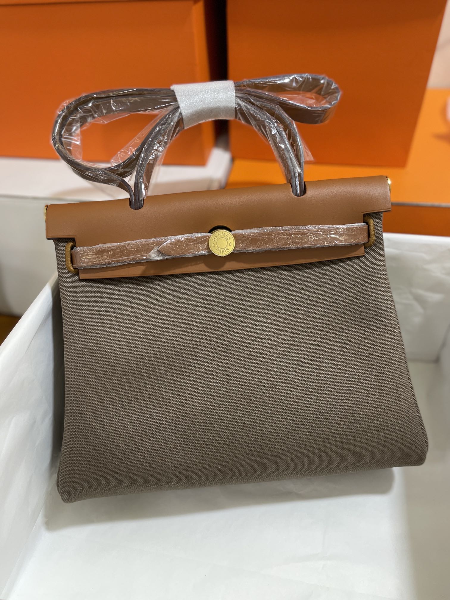 Hermès（爱马仕）Herbag Box 拼 帆布 金棕色 拼 大象灰 内缝 金扣 31cm