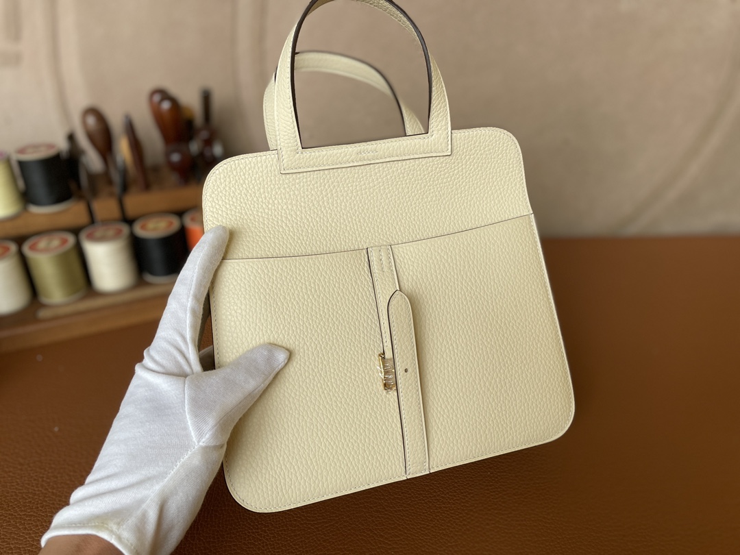 Hermès（爱马仕）Halzan TC皮 奶油白 内拼 芝麻色 金扣 25cm