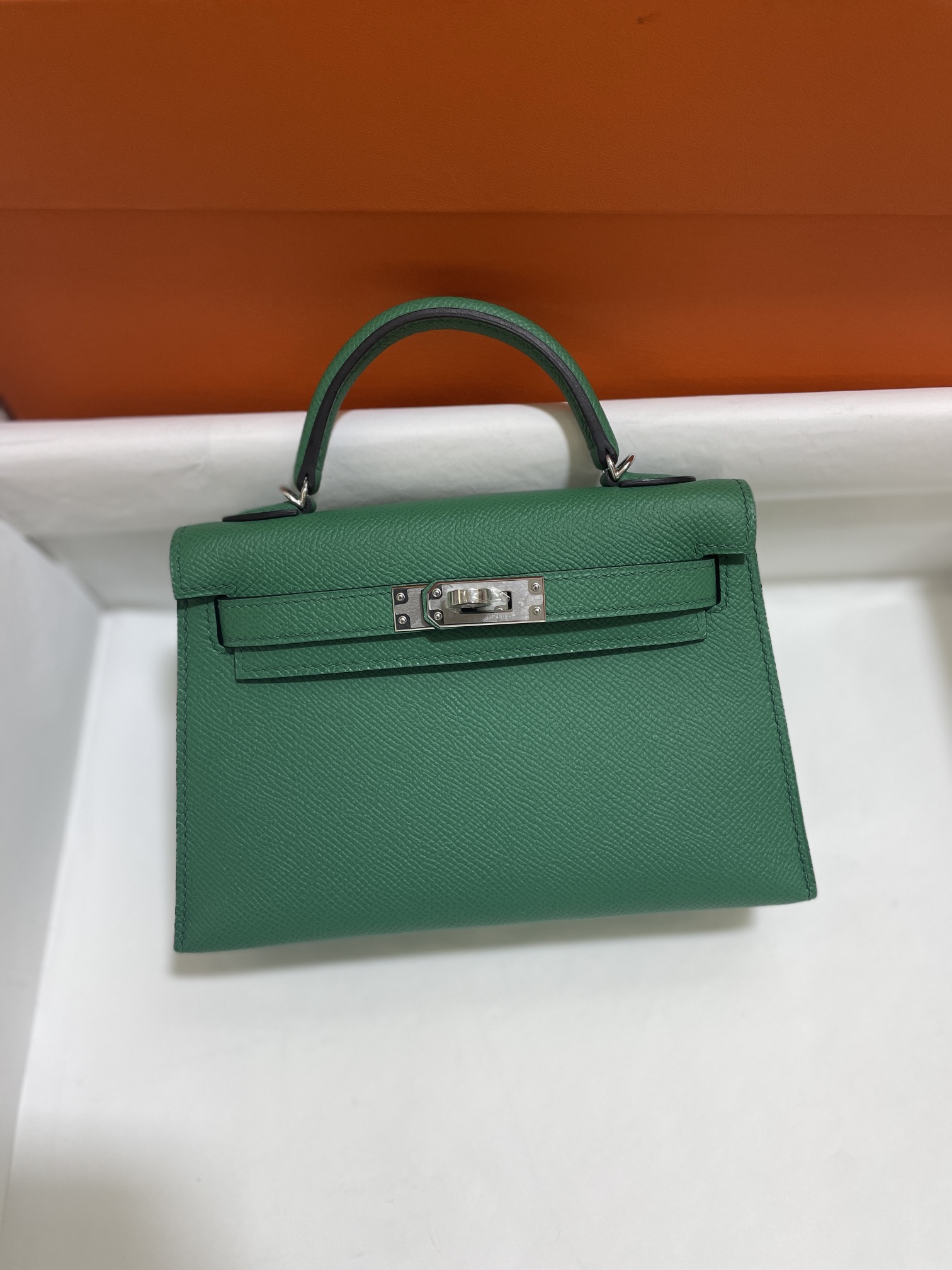 Hermès（爱马仕）Mini Kelly 迷你凯莉 Epsom 丝绒绿 银扣 19cm