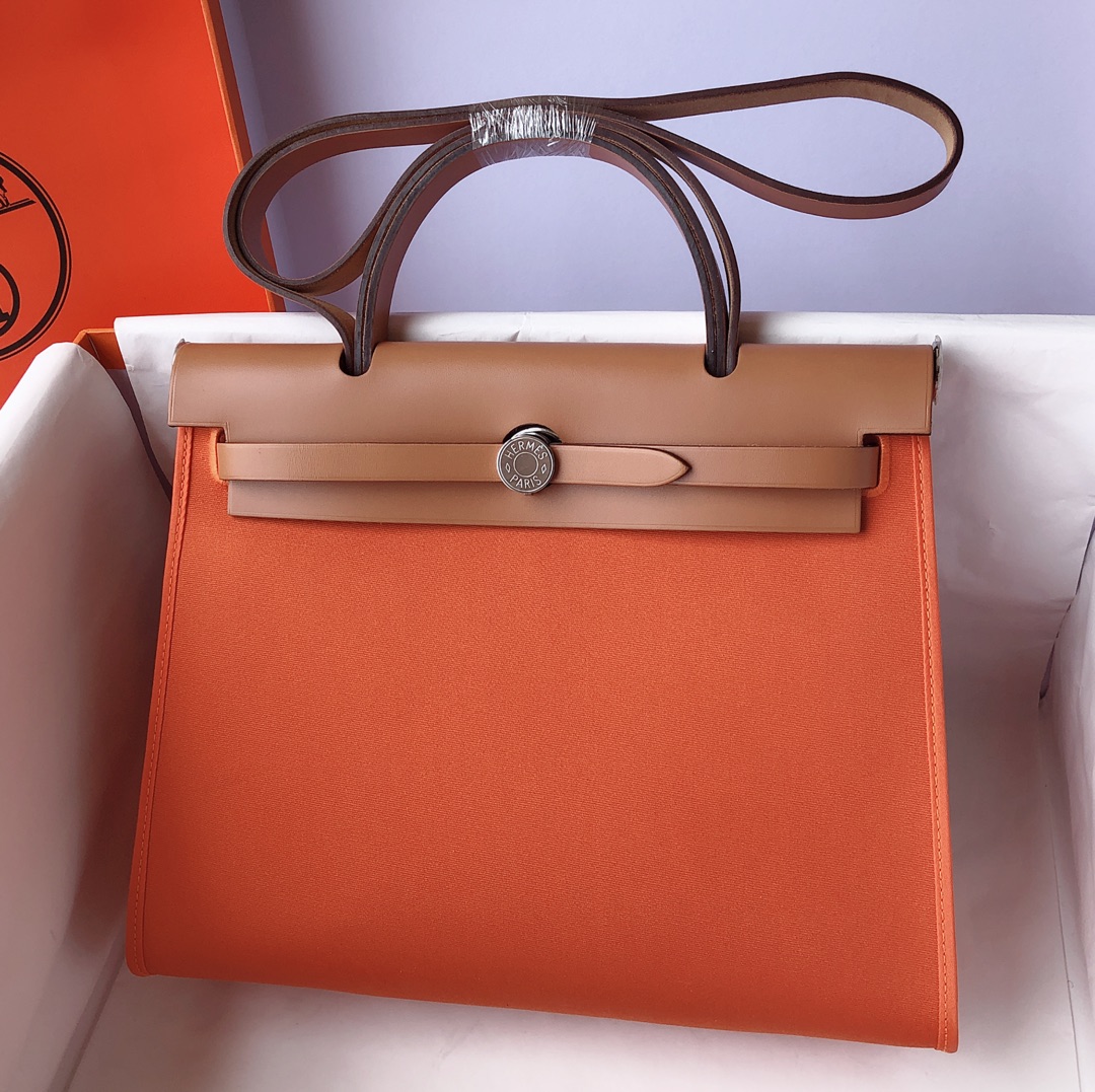 Hermès（爱马仕）Herbag Box 拼 帆布 橙色 银扣 31cm