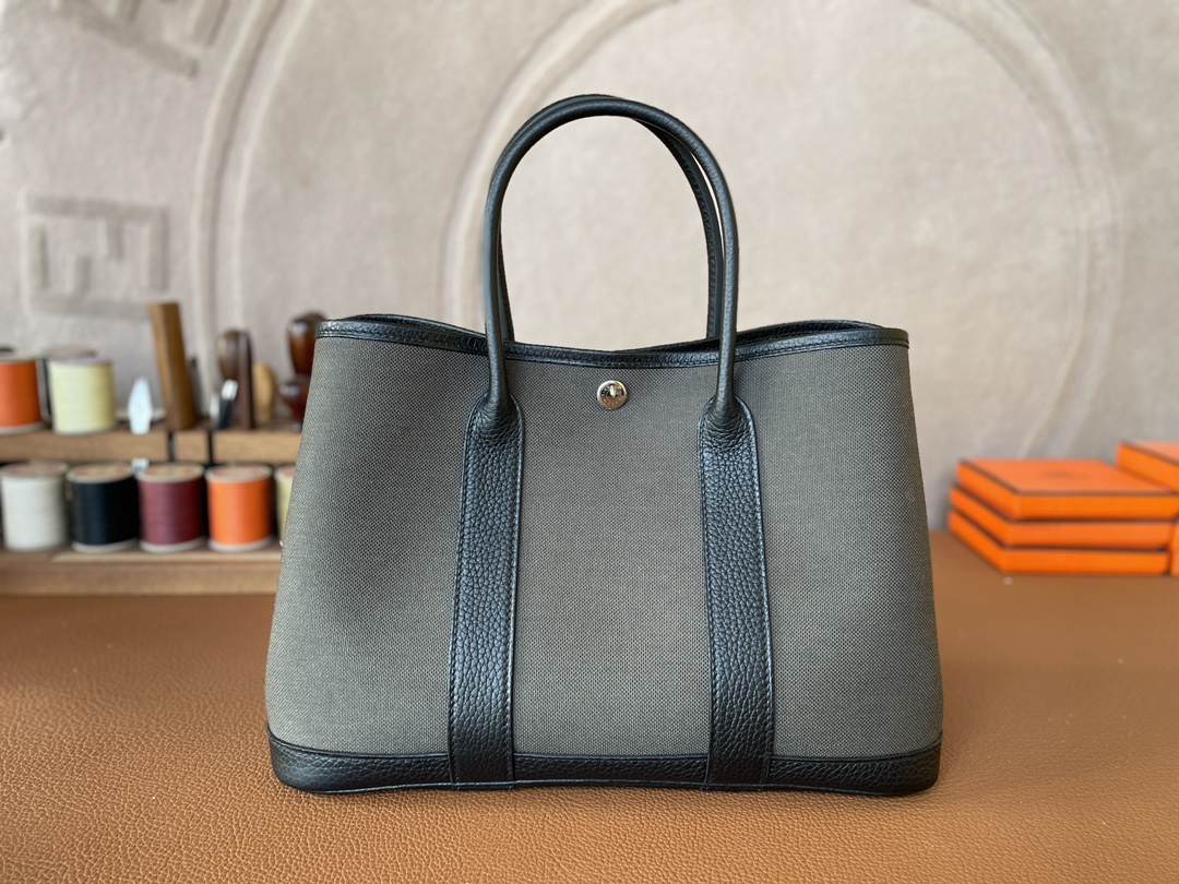 Hermès（爱马仕）Garden Party 花园包 TC 拼 帆布 黑色 拼 军绿色 银扣 30cm