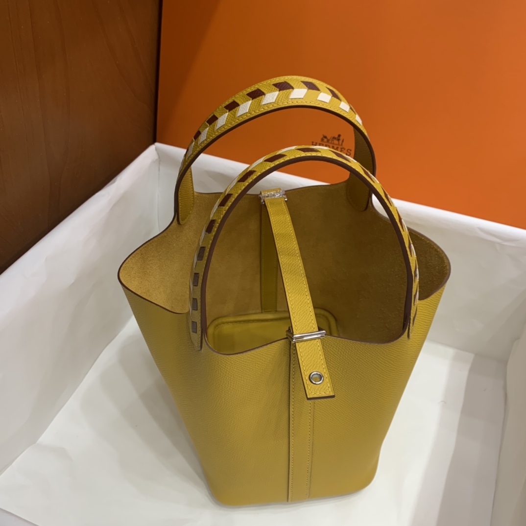 Hermès（爱马仕）Picotin 菜篮子 Epsom 9D 琥珀黄 编织手腕 银扣 18cm