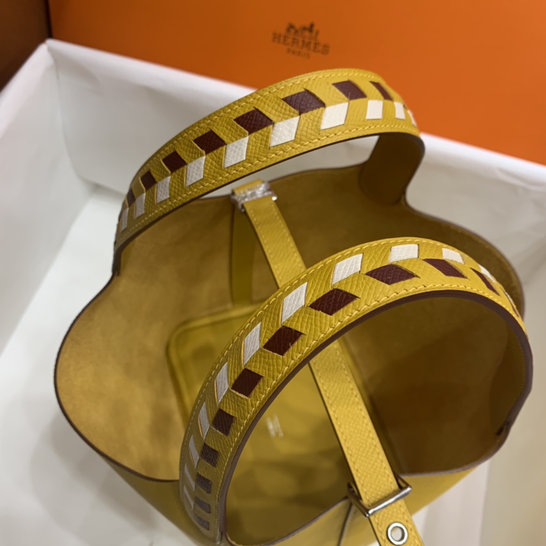 Hermès（爱马仕）Picotin 菜篮子 Epsom 9D 琥珀黄 编织手腕 银扣 18cm