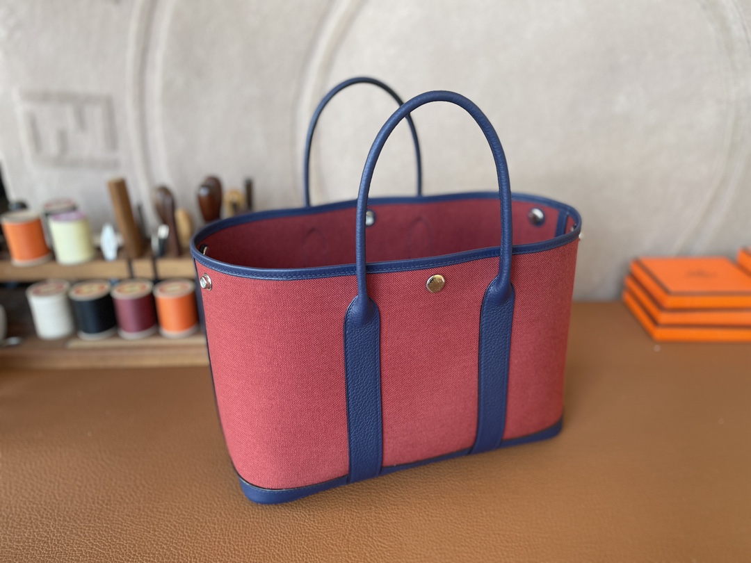 Hermès（爱马仕）Garden Party 花园包 TC 拼 帆布 法国蓝 拼 爱马仕红 银扣 30cm