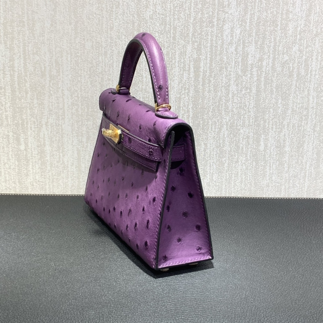 Hermès（爱马仕）mini Kelly 迷你凯莉 南非kk鸵鸟 海葵紫 金扣 19cm