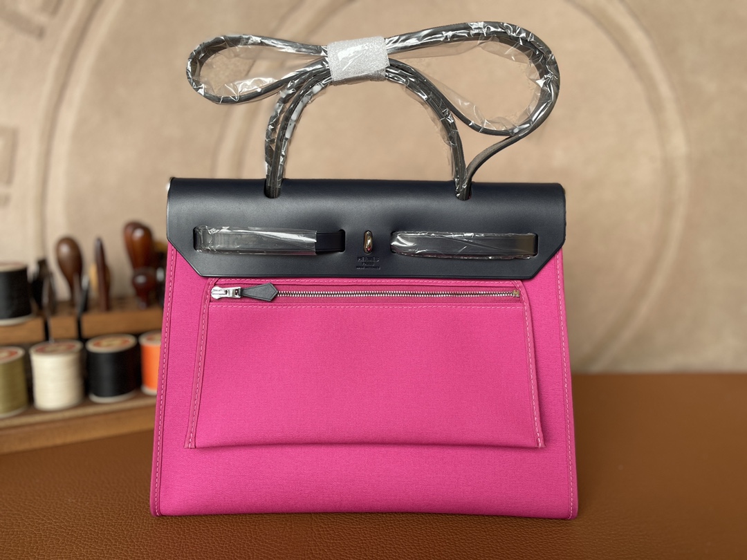 Hermès（爱马仕）Herbag Box 拼 帆布 午夜蓝 拼 玫瑰紫 银扣 31cm