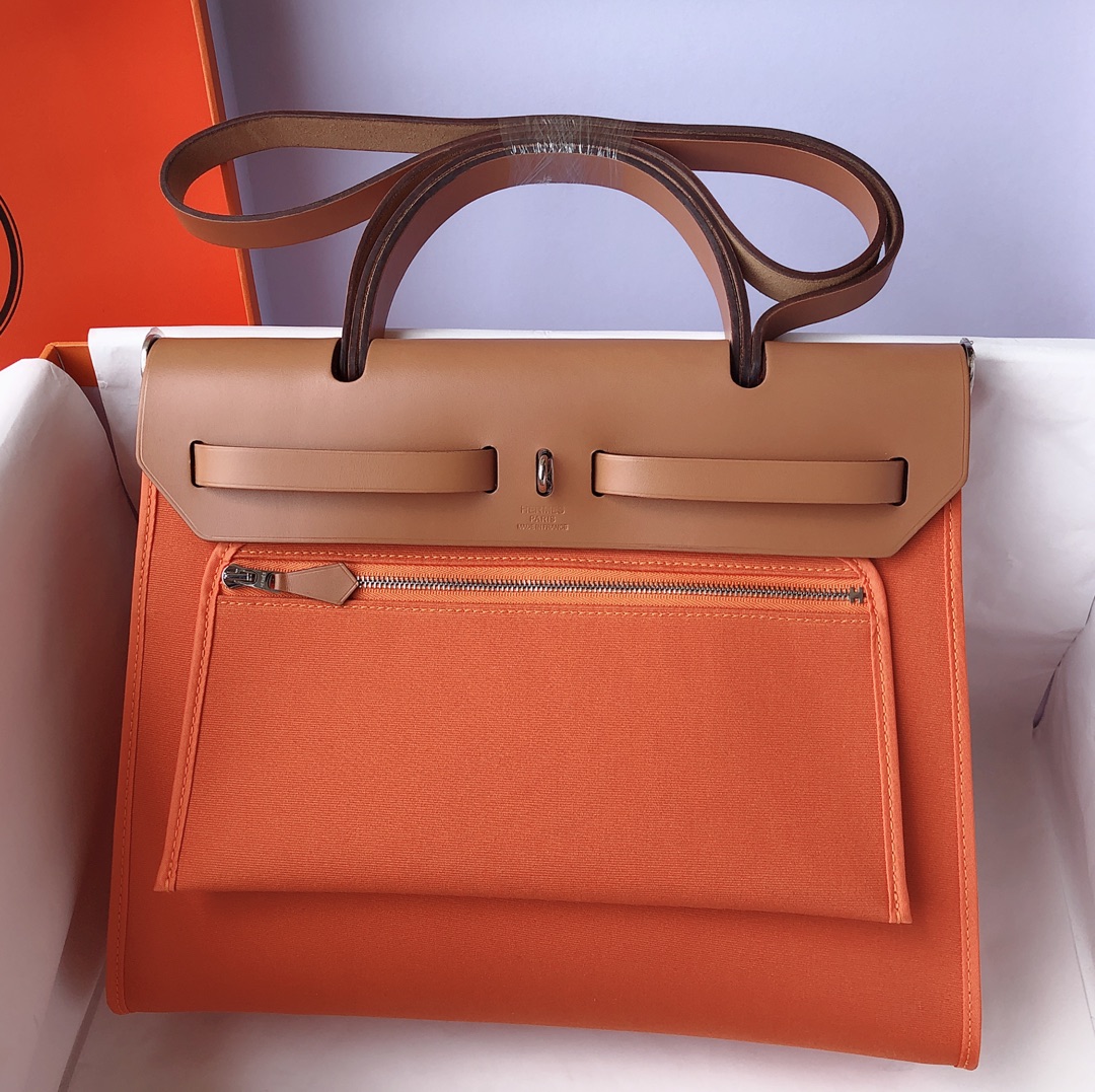 Hermès（爱马仕）Herbag Box 拼 帆布 橙色 银扣 31cm