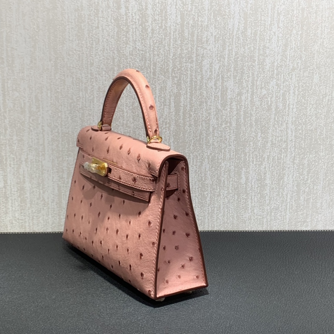 Hermès（爱马仕）mini Kelly 迷你凯莉 南非kk鸵鸟 陶瓷粉 金扣 19cm