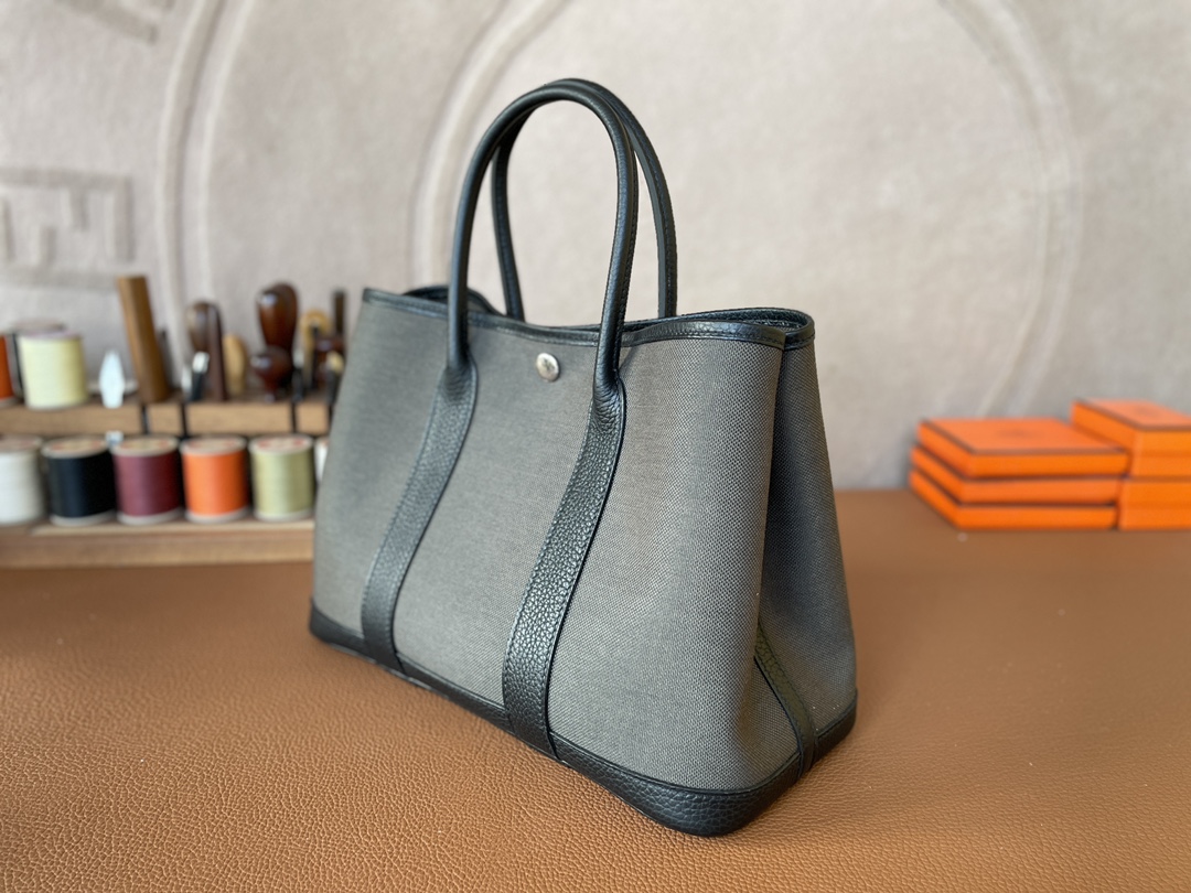 Hermès（爱马仕）Garden Party 花园包 TC 拼 帆布 黑色 拼 军绿色 银扣 30cm