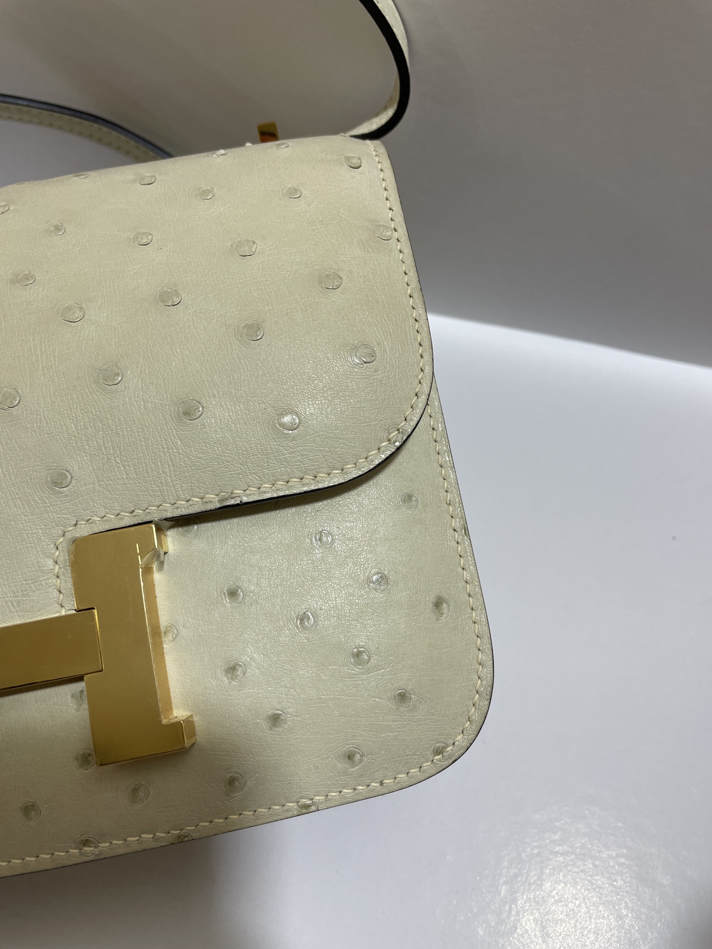 Hermès（爱马仕）Constance 空姐包 鸵鸟皮 羊毛白 金扣 19cm