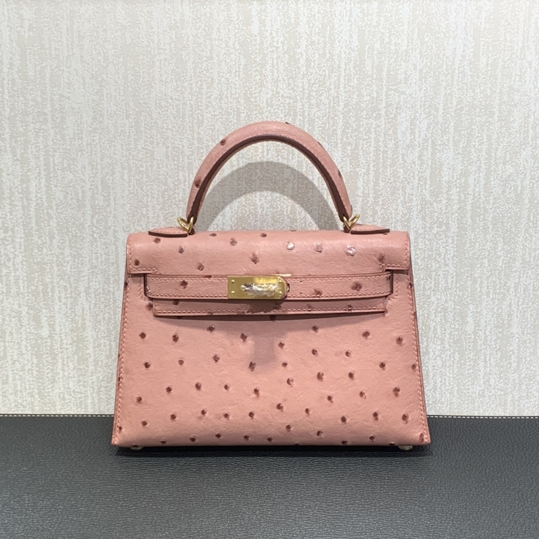 Hermès（爱马仕）mini Kelly 迷你凯莉 南非kk鸵鸟 陶瓷粉 金扣 19cm