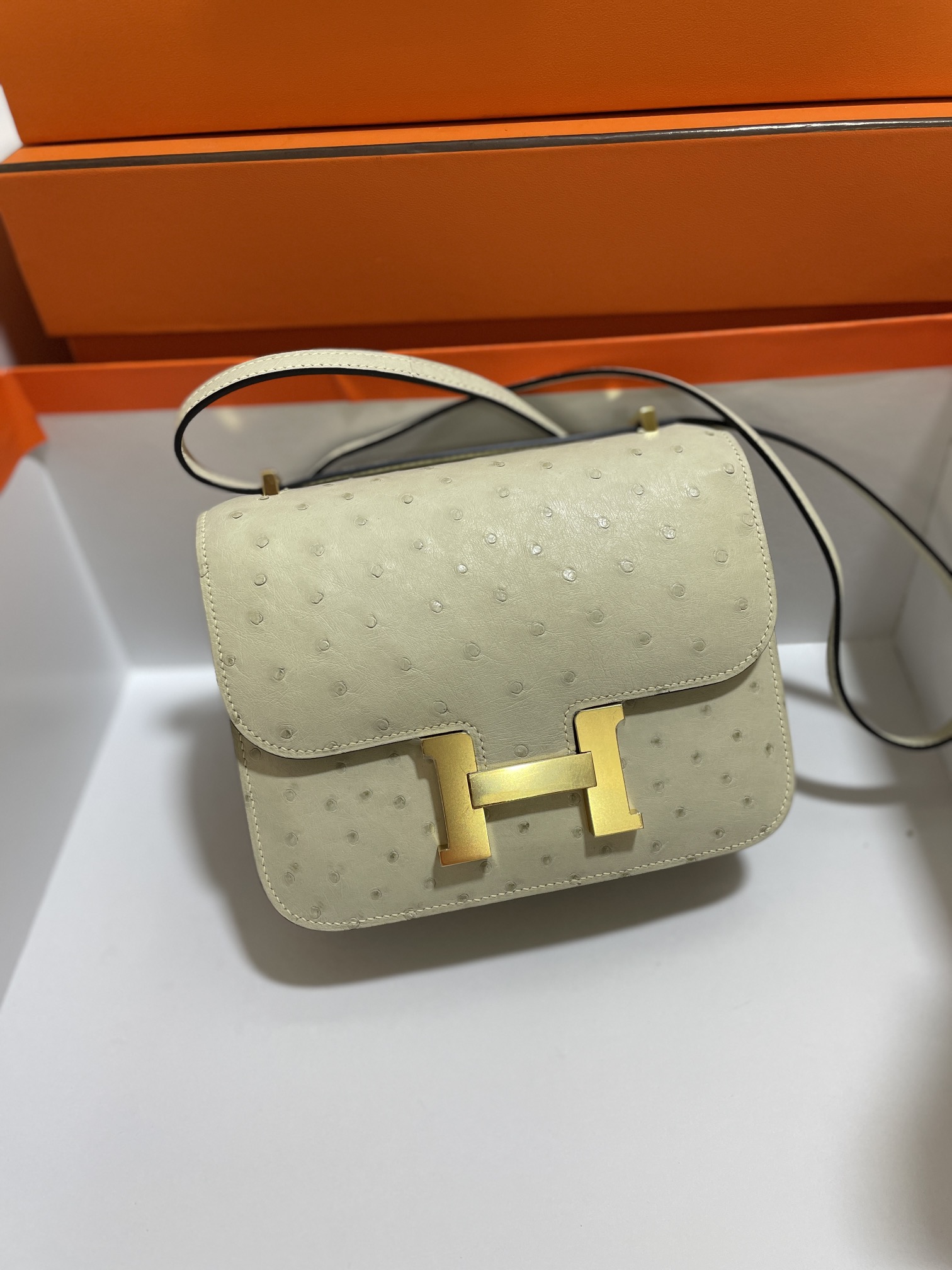 Hermès（爱马仕）Constance 空姐包 鸵鸟皮 羊毛白 金扣 19cm