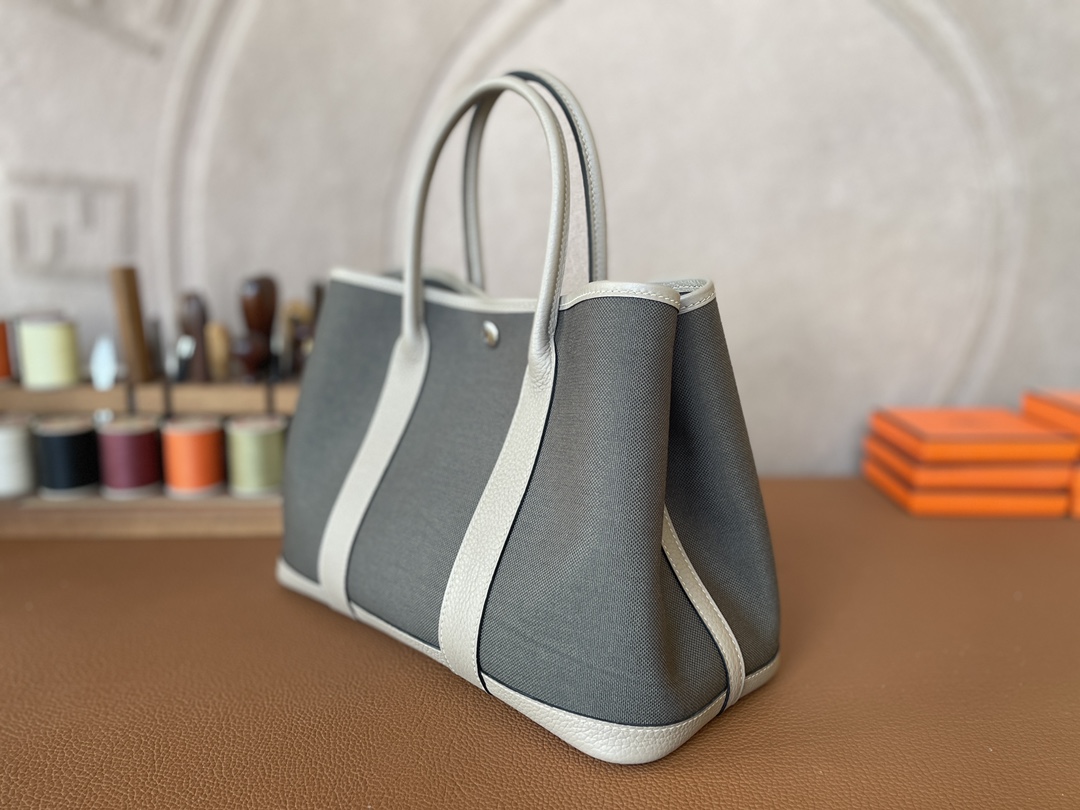Hermès（爱马仕）Garden Party 花园包 TC 拼 帆布 斑鸠灰 拼 军绿色 银扣 30cm