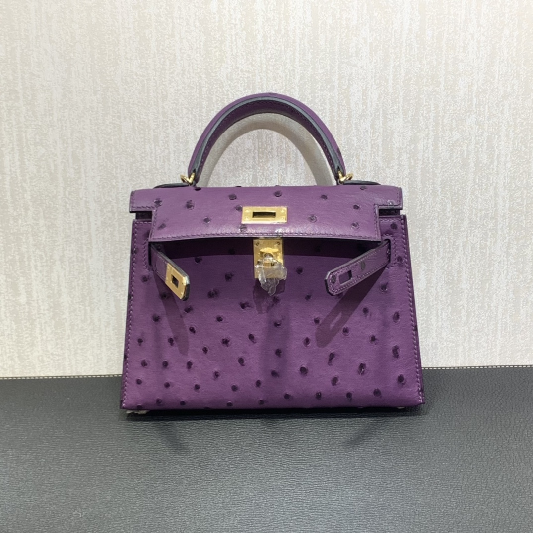 Hermès（爱马仕）mini Kelly 迷你凯莉 南非kk鸵鸟 海葵紫 金扣 19cm