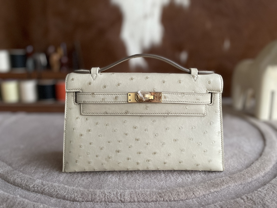 Hermès（爱马仕）Mini Kelly 迷你凯莉 鸵鸟皮 奶昔白 金扣 22cm