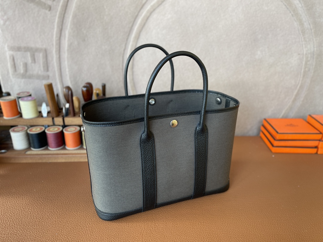 Hermès（爱马仕）Garden Party 花园包 TC 拼 帆布 黑色 拼 军绿色 银扣 30cm