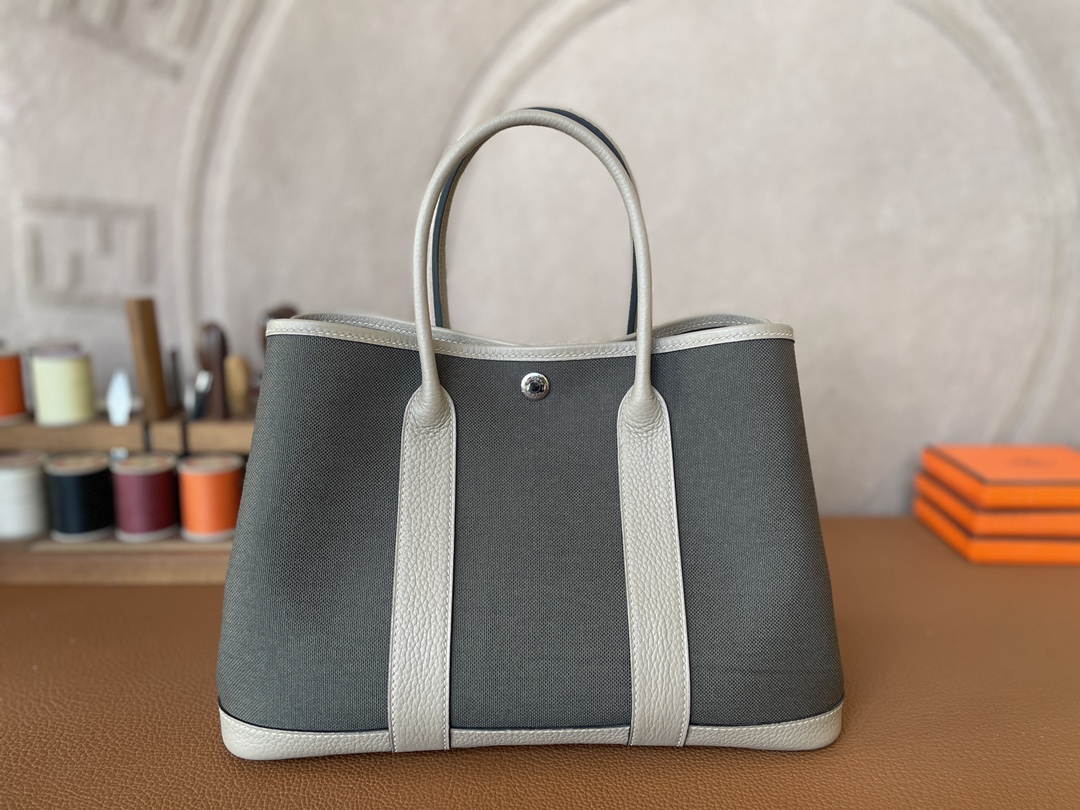 Hermès（爱马仕）Garden Party 花园包 TC 拼 帆布 斑鸠灰 拼 军绿色 银扣 30cm