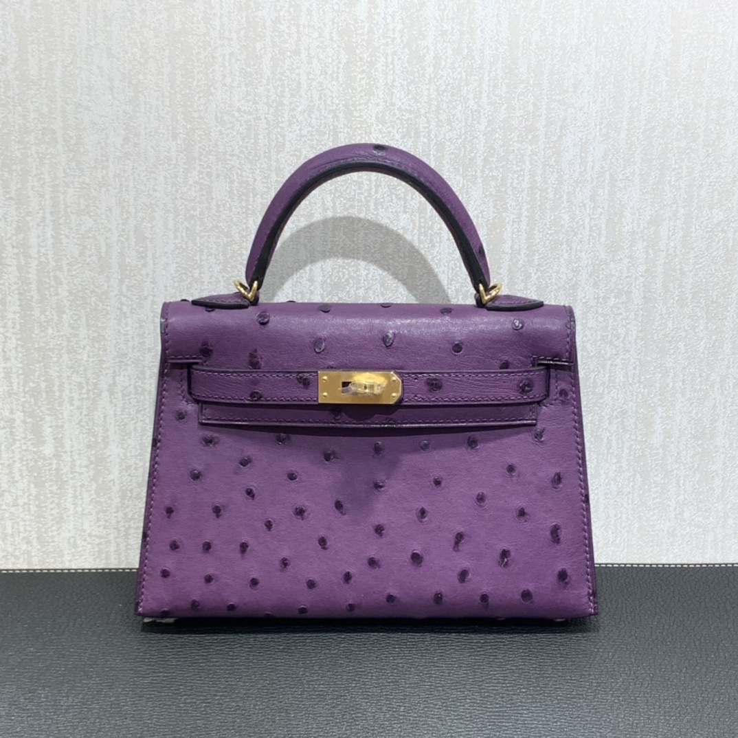 Hermès（爱马仕）mini Kelly 迷你凯莉 南非kk鸵鸟 海葵紫 金扣 19cm