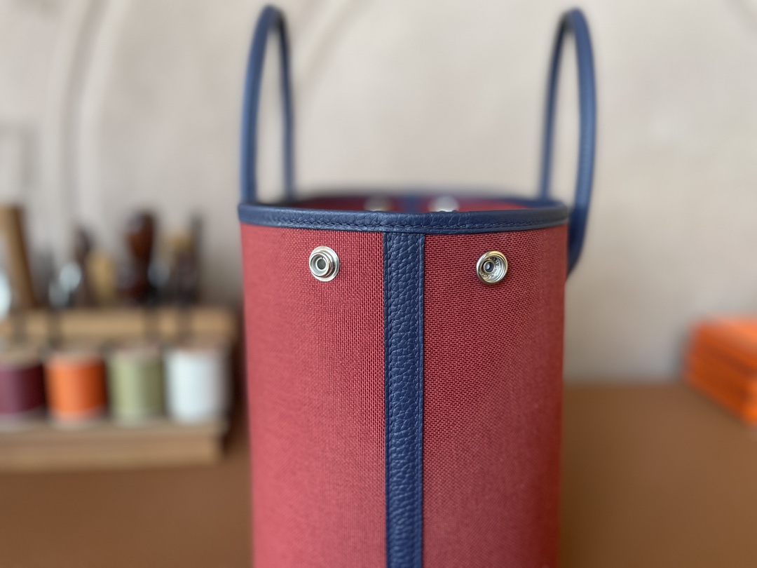 Hermès（爱马仕）Garden Party 花园包 TC 拼 帆布 法国蓝 拼 爱马仕红 银扣 30cm