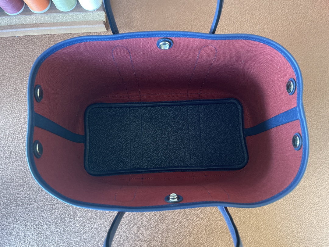 Hermès（爱马仕）Garden Party 花园包 TC 拼 帆布 法国蓝 拼 爱马仕红 银扣 30cm