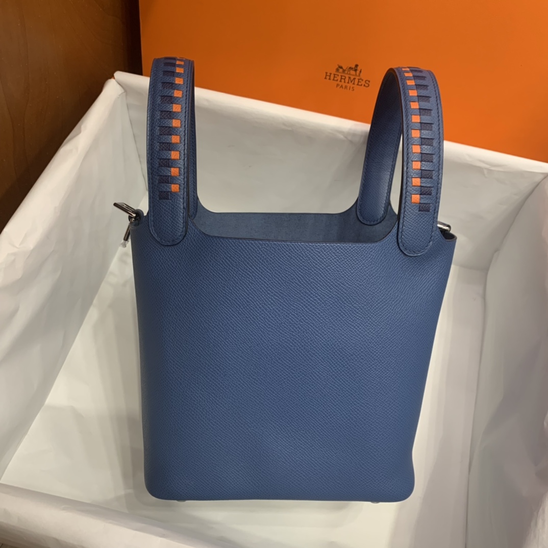 Hermès（爱马仕）Picotin 菜篮子 Epsom R2 玛瑙蓝 编织手腕 银扣 18cm