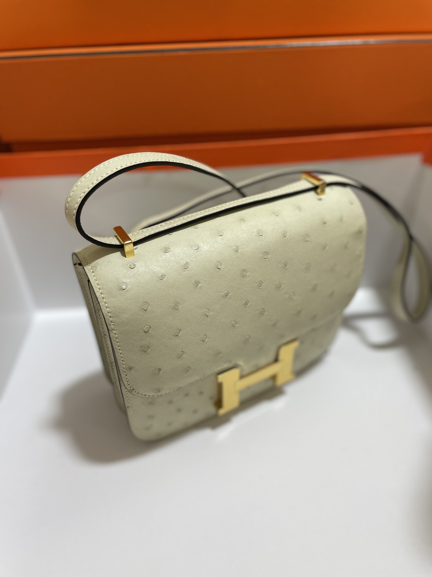 Hermès（爱马仕）Constance 空姐包 鸵鸟皮 羊毛白 金扣 19cm