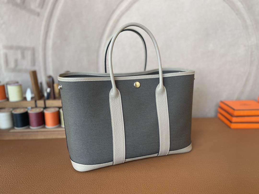 Hermès（爱马仕）Garden Party 花园包 TC 拼 帆布 斑鸠灰 拼 军绿色 银扣 30cm