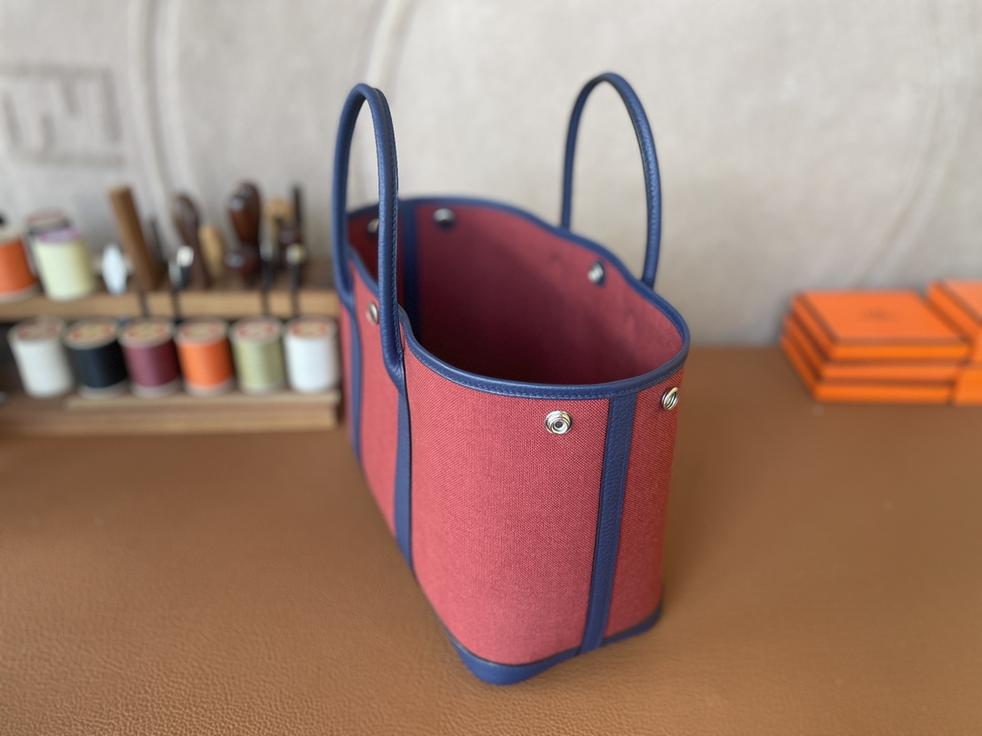 Hermès（爱马仕）Garden Party 花园包 TC 拼 帆布 法国蓝 拼 爱马仕红 银扣 30cm