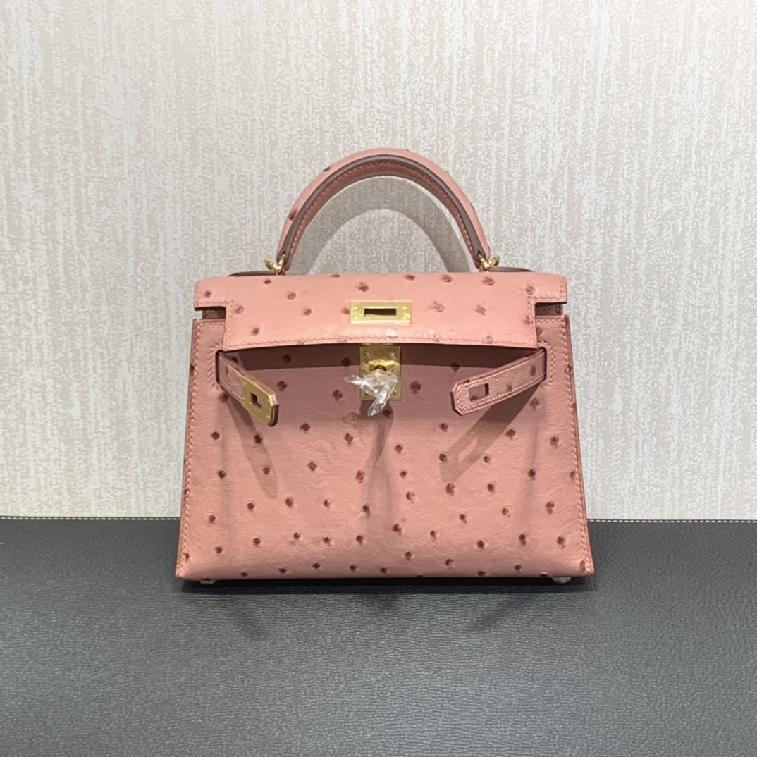 Hermès（爱马仕）mini Kelly 迷你凯莉 南非kk鸵鸟 陶瓷粉 金扣 19cm