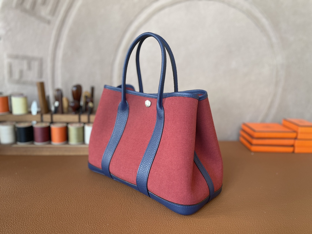 Hermès（爱马仕）Garden Party 花园包 TC 拼 帆布 法国蓝 拼 爱马仕红 银扣 30cm