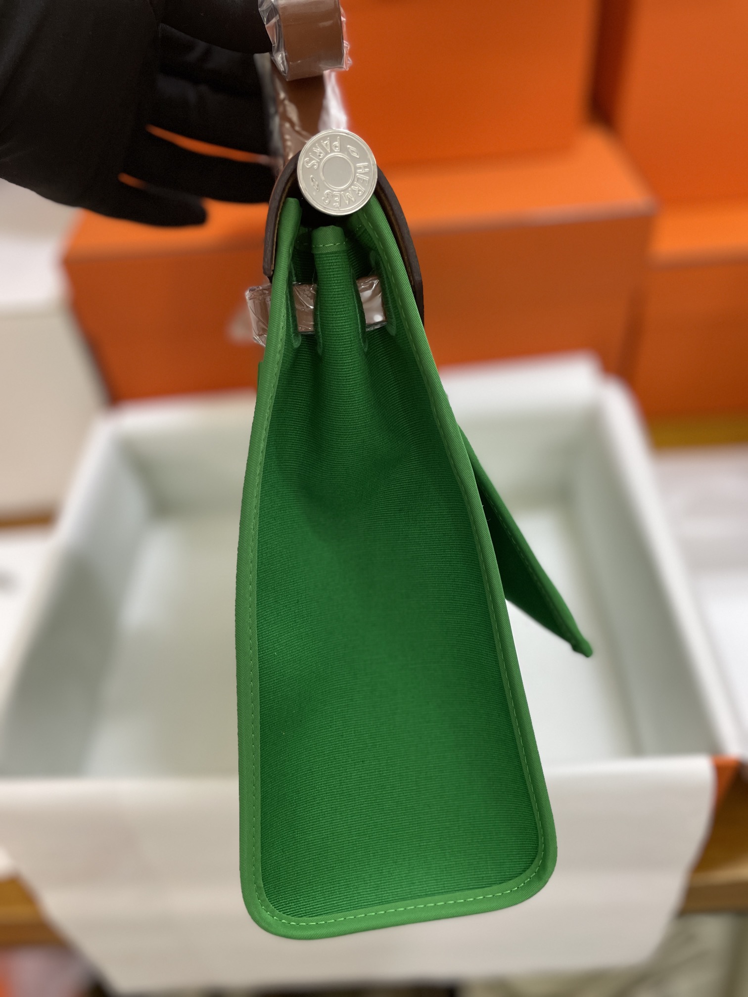 Hermès（爱马仕）Herbag 金色 拼 竹子绿 Box 拼 帆布 外缝 银扣 31cm